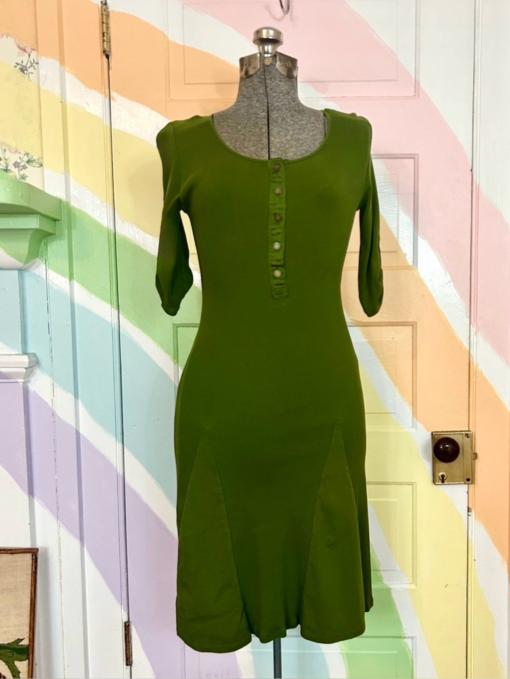 Lauren Ralph Lauren Green Henley Knit Dress Sz SP 3/4 Sleeve Fit & Flare👽 - Picture 2 of 12